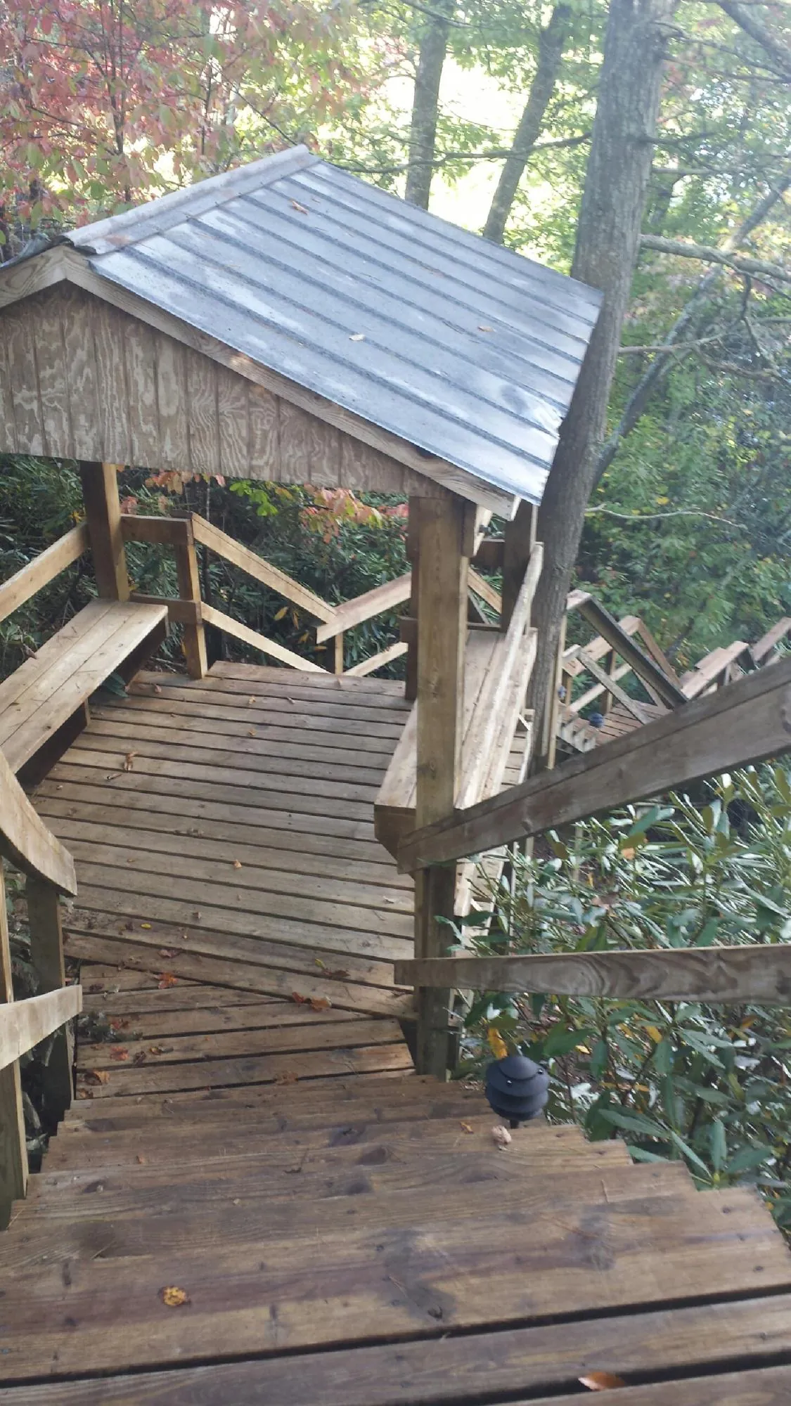 Metal roofed shelter over wooden steps on a wooded walkway — Skylight Repair & Installation work by our crew in Mount Victory